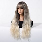 voordelige Synthetische trendy pruiken-24 inch synthetische pruik damespruik blond lang golvend haar met pony mode dagelijks kerstfeest pruiken