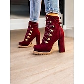 baratos Botas de tornozelo-Botas femininas pretas de salto alto com cadarço e sola resistente – calçado estiloso para trajes casuais e ao ar livre