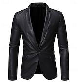 cheap Men&#039;s Classic Blazers-Men&#039;s Blazer Sport Coat Office Work Street Pocket Fashion Casual Spring &amp;  Fall Polyester Faux Leather Plain Pocket Casual / Daily Single Breasted Blazer Black