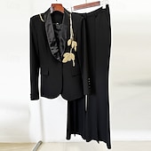 abordables Costumes-pantalons pour maman-Tuxedo noir et blanc Tuxedo deux pièces Mère de la mariée pantalon blazer costumes vintage formel mariage manches longues col haut avec paillettes et franges