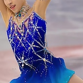 cheap Figure Skating Dresses-Figure Skating Dress Women&#039;s Girls&#039; Ice Skating Dress Blue Patchwork Thumbhole Mesh Spandex Stretchy Training Practice Professional Skating Wear Thermal Warm Crystal / Rhinestone Long Sleeve Ice