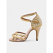 abordables Chaussures de danses latines-chaussures de danse latine pour femmes ornées de strass dorés - talons à bout ouvert avec design à lanières pour la salle de bal, la salsa et les occasions spéciales