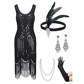 abordables Robes des années 1920-Roaring 20s 1920s Knee Length Flapper Dress Outfits Cocktail Dress Sleeveless The Great Gatsby Flapper Girl Wedding Guest Sequins Feather Fringe Scoop Neck Fancy Dress Women's Carnival Costume 7 PCS