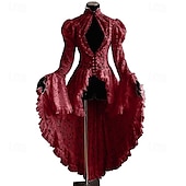 cheap Outerwear-Lace Ruffle Tailcoat Medieval Renaissance Vintage Dress Women&#039;s Costume Vintage Cosplay Party Long Sleeve Dress Masquerade