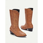 tanie Kowboj i zachodnie buty-damskie kowbojskie buty w stylu western – klasyczne, sięgające do połowy łydki, brązowe, ze sztucznej skóry z haftowanym wzorem, idealne na co dzień, na festiwale i do strojów wiejskich