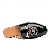 preiswerte Clogs &amp; Pantoletten für Herren-Herren-Loafer aus besticktem Lackleder, Pantoletten zum Hineinschlüpfen ohne Fersenteil mit Kronenemblem und Metallschnallendetail, perfekt für elegante und legere Anlässe