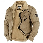 cheap Men&#039;s Graphic Jackets &amp; Coats-Men&#039;s Reindeer Print Embroidered Fleece Jacket Sherpa Hunting Jacket Work Cargo Jacket Turn-Down Collar Warm Winter Cotton Jacket Vintage Casual Going Out Coat Multi-Pockets