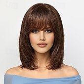 abordables Perruques Synthétiques Sans Bonnet-Perruque Synthétique Droit Avec Frange Perruque Court Brun foncé Marron Ombre Blonde ombrée Cheveux Synthétiques Femme Blond Marron