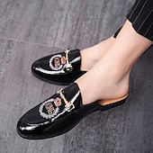 preiswerte Clogs &amp; Pantoletten für Herren-Herren-Loafer aus besticktem Lackleder, Pantoletten zum Hineinschlüpfen ohne Fersenteil mit Kronenemblem und Metallschnallendetail, perfekt für elegante und legere Anlässe