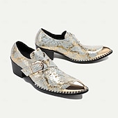 abordables Mocassins en cuir de qualité supérieure-chaussures habillées en cuir métallisé doré pour hommes avec motif peau de serpent, bout carré et détail boucle - parfaites pour les mariages, les fêtes et autres événements spéciaux