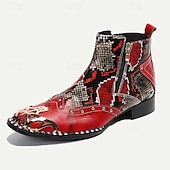cheap Premium Leather Boots-Men&#039;s Red &amp; Black Snakeskin Leather Ankle Boots with Metallic Toe Cap and Side Zipper – Premium Cowhide Statement Footwear with Stud Accents
