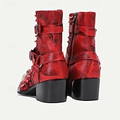 cheap Premium Leather Boots-Men&#039;s Red &amp; Black Gothic Leather Ankle Boots with Skull Buckles, Studded Accents, and Embroidered Floral Design – Premium Cowhide Punk Rock Footwear