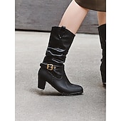 levne Slouch Boots-dámské hnědé kozačky ke kolenům s detaily přezek a blokovým podpatkem – klasická a všestranná obuv pro běžné i podzimní outfity