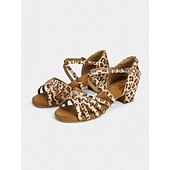 abordables Chaussures de danses latines-sandales de danse latine à imprimé léopard avec semelle en daim souple pour femmes – talons ouverts à lanières avec boucle réglable, idéales pour la salsa, le tango et la danse de salon
