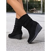 levne Slouch Boots-dámské hnědé semišové kotníkové boty – pohodlný klínový podpatek s prohnutým designem, ideální na podzimní a zimní běžné nošení