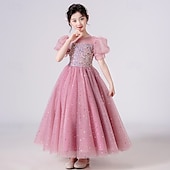 voordelige Bloemenjurken-Bloemenmeisjesjurk kinderen Voor meisjes Prinses jurk Prestatie Bruiloft Feest Elegant Mooi Netstof Effen Kleur Korte mouw Strakke ronde hals Wit Blozend Roze 4 jaar +
