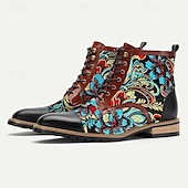 cheap Premium Leather Boots-Men&#039;s Premium Cowhide Leather Lace-Up Boots with Floral Jacquard Design and Cap Toe - Stylish and Durable Ankle Boots for Casual and Formal Occasions