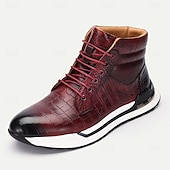cheap Premium Leather Boots-Men&#039;s Brown Leather Sneaker Boots with Crocodile Texture and Script Embossing – Premium Cowhide Casual High-Top Footwear with Sporty Sole