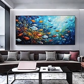 abordables Pinturas de animales-Pintura en lienzo de peces marinos azules abstractos hecha a mano, arte nórdico, grafiti, tamaño grande, decoración moderna para sala de estar, imagen sin marco