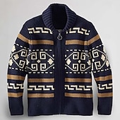 levne pánský svetr cardigan-Pánské Žakárový svetr Svetr Cardigan Svetr Fair Isle Svetr na zip Pletený Cardigan Plést Zip Etno Polostojatý límec Módní Klasické Venkovní Dovolená Oblečení Pokles ramene Podzim zima Námořnická mod