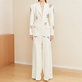 preiswerte Hosenanzüge für Mama-Hosenanzug Weiß Tuxedo Tuxedo Kleid Zweiteiliges Anzug Abendkleid Elegant Formal Hochzeit Bodenlänglich Langarm Hemdkragen mit Glitzer Quaste 2025