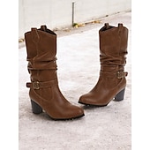 levne Slouch Boots-dámské hnědé kozačky ke kolenům s detaily přezek a blokovým podpatkem – klasická a všestranná obuv pro běžné i podzimní outfity