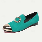 abordables Mocassins en cuir de qualité supérieure-mocassins en daim vert pour hommes avec bout métallique et boucle circulaire – chaussures habillées en cuir de vachette de qualité supérieure pour tenues formelles et décontractées