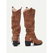 levne Cowboy &amp; Western Boots-dámské hnědé kozačky ke kolenům s detaily přezek a blokovým podpatkem – stylová obuv inspirovaná westernem pro běžné nošení i outdoorové outfity