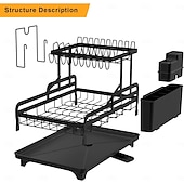 cheap Storage Racks-Tableware drying rack 2-layer utensil drain rack with detachable utensil rack and swivel joint durable high carbon steel material larger capacity easy to install black