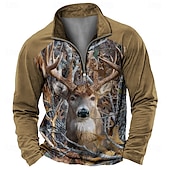 preiswerte Poloshirt mit Animalprint für Herren-Herren Hirsch Poloshirts mit Reißverschluss Langarm Polo-Shirts Hemden mit Kragen Vintage Lässig Outdoor Straße Alltagskleidung 3D-Druck Frühling Herbst Winter Schwarz Braun Khaki