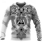 baratos Moletons masculinos com capuz-Homens Estampas Abstratas Viking Moletom Moletons Moletom com capuz Manga Longa Moletom com capuz Com Capuz Roupa de rua Impressão 3D Diário Esportes Cinzento Imprimir Primavera &amp; Outono Designer