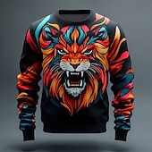 baratos Estampa animal-Homens Leão Desenhos 3D Moletom Moletom Manga Longa Moletom Gola Redonda Moda Legal 3D Impressão 3D Férias Festa Para Noite Crewneck Impressão 3D 3D Inverno Primavera &amp; Outono