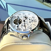 cheap Mechanical Watches-New Olevs Brand Men&#039;S Business Stainless Steel Band Watch Moon Phase Double Calendar 24-Hour Indication Automatic Mechanical Watch Simple Leisure Sports Men&#039;S Wristwatch