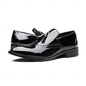 levne Poloformální-pánské černé lakované střapcové mokasíny – elegantní společenské boty s brogue detaily