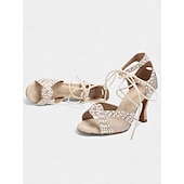 abordables Chaussures de danses latines-chaussures de danse latine à strass beiges pour femmes avec design à lacets, semelle en daim souple et style à bout ouvert - talons hauts élégants pour les performances de salsa, de tango et de salle de bal