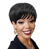 economico Parrucche di capelli veri senza cuffia-parrucca pixie cut per donne nere parrucche corte per capelli umani senza pizzo frontale parrucche corte a strati con frangia per l&#039;uso quotidiano colore naturale