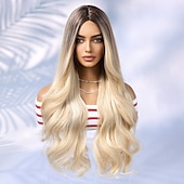 levne Syntetické trendy paruky-lisa rinna inspirovaná paruky syntetická paruka uniformy kariéra kostýmy princezna kudrnaté tělo vlna střední část vrstvený střih strojkem vyrobený paruka 26 palcová světle hnědé syntetické vlasy dámská párty móda