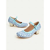 halpa Block Heels-naisten siniset pilkulliset mary jane -korkokengät – keskikorkoiset retrokengät solkihihnalla vintage-vaikutteisiin asuihin ja tanssijuhliin