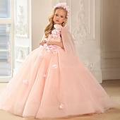 cheap Flower Girl&#039;s Dresses-Flower Girl Dress Girls&#039; First Communion Dress Party Dress Performance Wedding Party Princess Sweet Mesh Solid Color Sleeveless Off Shoulder White Pink kids
