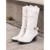 levne Slouch Boots-dámské hnědé kozačky ke kolenům s detaily přezek a blokovým podpatkem – klasická a všestranná obuv pro běžné i podzimní outfity