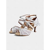 abordables Chaussures de danses latines-chaussures de danse latine à paillettes argentées pour femmes - talons à lanières avec design à double boucle et semelle en daim souple pour les événements de salsa, de salle de bal et de fête