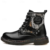 abordables Botas de combate-Botas de combate de piel sintética patentada para hombre: diseño con cordones de estilo militar con detalles de camuflaje, suela resistente para uso al aire libre y casual
