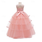 abordables Robes à Fleurs pour Filles-Robe de Demoiselle d&#039;Honneur Fille enfants Fille Robe de princesse Utilisation Mariage Soirée Elégant Magnifique Maille Couleur unie Sans Manches Col Ras du Cou Blanche Rose Claire 4 ans et +