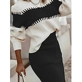 preiswerte Pullover-Koordinaten-Damen Pullover-Koords Elegant Modisch Täglich Farbblock Gerippt Rundhalsausschnitt Vordertasche Langarm Normale Oberteile Stricken Arbeit Schwarz Rosa Herbst Winter