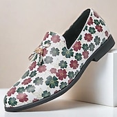 billiga Tillfällig-loafers med vitt blommönster för män med tofs och guldaccent – snygga vardags- och semiformella skor för moderiktiga outfits