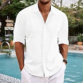 voordelige Thuis-Voor heren Overhemd Katoenen linnen overhemd Zomer overhemd Strand Kleding Normaal shirt Overhemd met knopen Effen Vakantie Casual Zwart Wit blauw Lange mouw Revers Lente zomer Kleding Zak