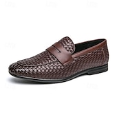 voordelige Semi-formeel-Bruine imitatieleren penny loafers voor heren met geweven bovenkant en rubberen zool - comfortabel en stijlvol voor zakelijke casual of smart casual outfits