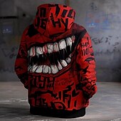 cheap Halloween Hoodies &amp; Sweatshirts-Men&#039;s Mouth Hoodies Sweatshirt Fashion Long Sleeve Crew Neck 3D Print Party Holiday Streetwear Red Drawstring Fall Winter Designer