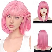 economico Parrucche trendy sintetiche-parrucca cosplay con frangia parrucca per costume alla moda corta e liscia per donna parrucca per festa di carnevale di halloween parrucca in fibra sintetica resistente al calore parrucche per il