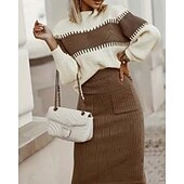 preiswerte Pullover-Koordinaten-Damen Pullover-Koords Elegant Modisch Täglich Farbblock Gerippt Rundhalsausschnitt Vordertasche Langarm Normale Oberteile Stricken Arbeit Schwarz Rosa Herbst Winter